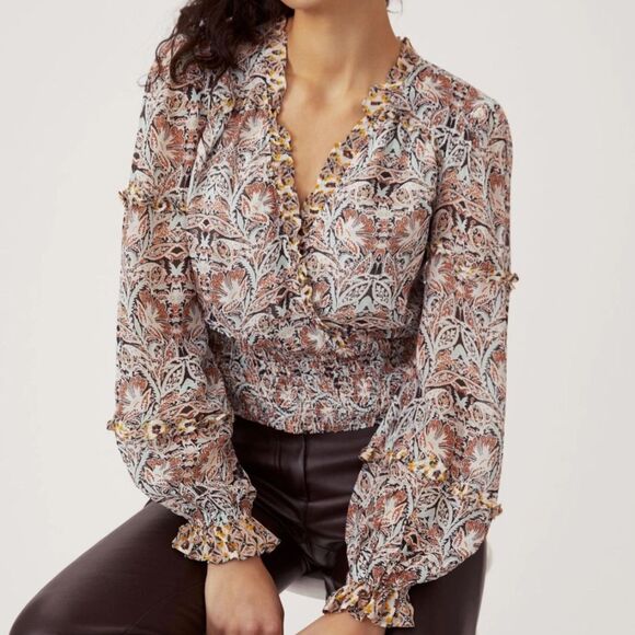 Anthropologie Tops - Anthropologie Ruffle Surplice Blouse Open Top Smocked Waist Floral Paisley Pt M